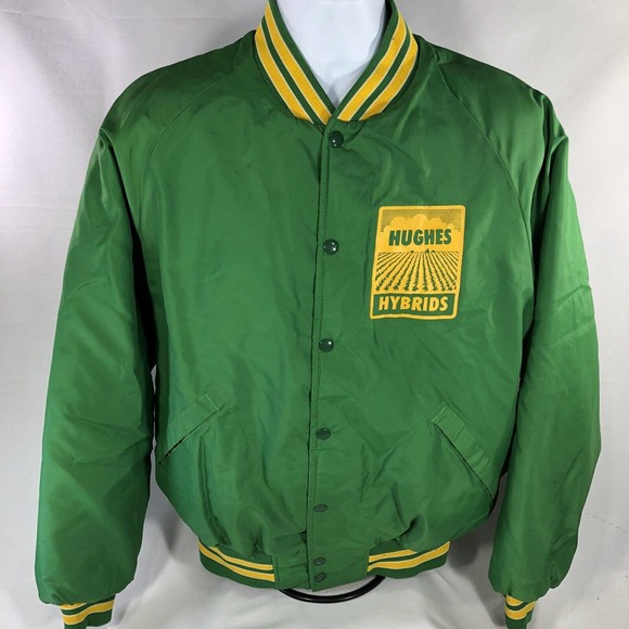 VTG HUGHES HYBRIDS SNAP BUTTON JACKET GREEN USA MADE XL FITS SMALLER 70s 80s - Picture 1 of 16